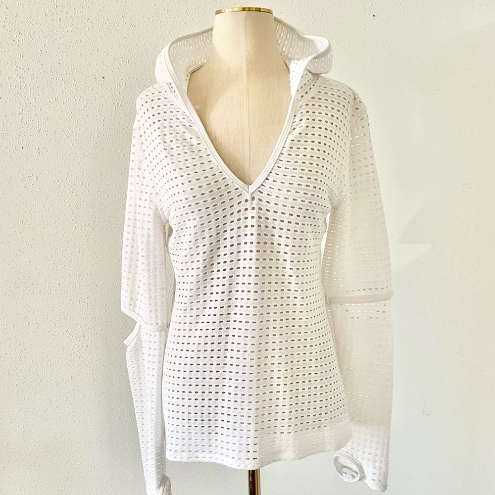 TRINA TURK White Women's Mesh Knit Long Sleeve Hooded Shirt Hoodie Size Medium M